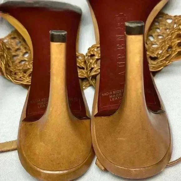 Lauren Ralph Lauren Nadia Brown Tan Leather Woven Sandal Strap Heel Womens Sz 9B - Picture 9 of 10